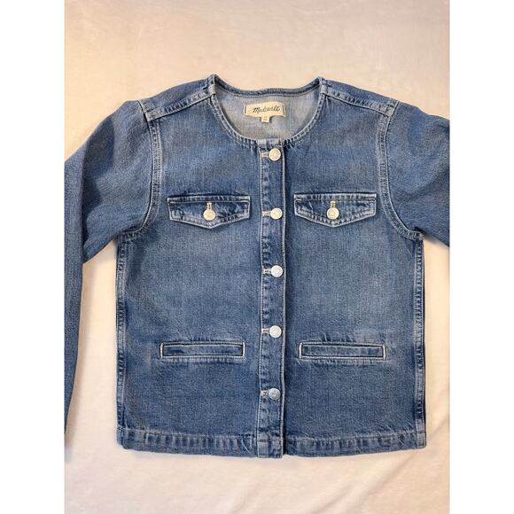 Madewell Denim Crop Jacket Band Collar Blue Jean Chambray Top XS NEW - Picture 9 of 11